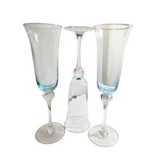 Vtg 3 Ball Stem Wedding Wine Glasses Optic Glass Teal Aqua Blue Clear 9.5" Tall